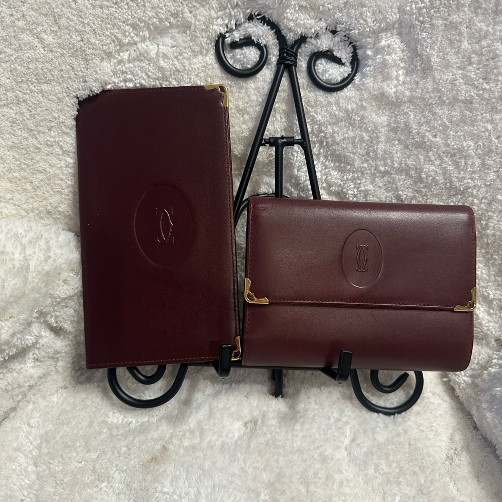 Cartier Bordeaux Tri-fold French Kisslock  Wallet (Rare) & Cartier Checkbook